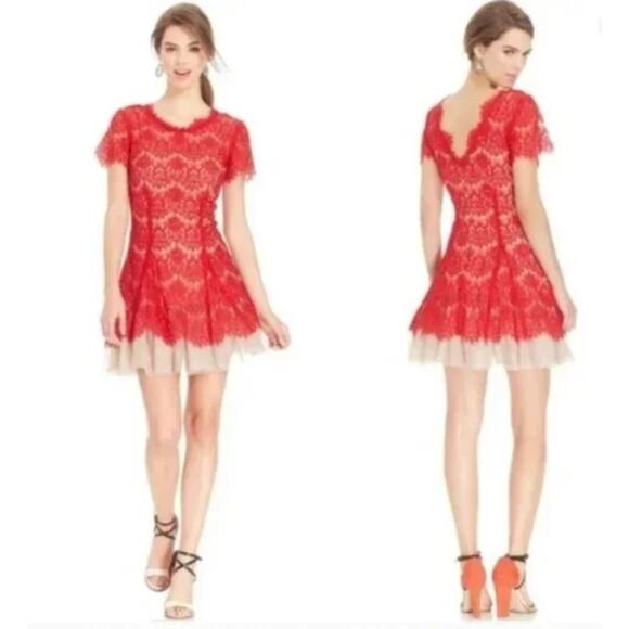 Betsy‎ & Adam Red Lace with Nude Contrast Dress - Picture 1 of 7